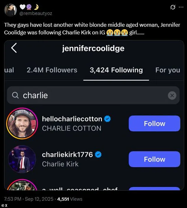 Jennifer Coolidge's Controversial Association with Charlie Kirk Sparks Outcry Amidst His Assassination