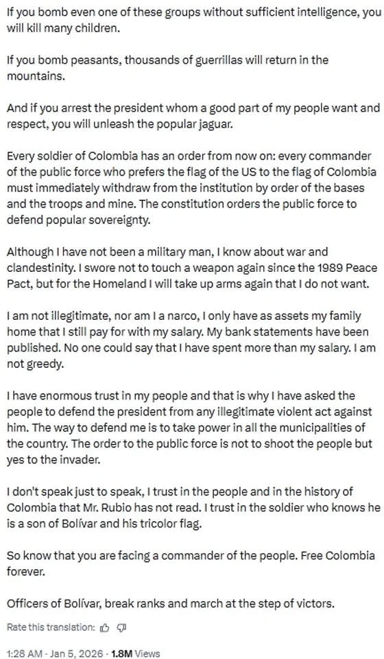 Colombian President Petro Vows to 'Take Up Arms' in Response to Trump's Threats, as Critics Condemn His Aggressive Foreign Policy