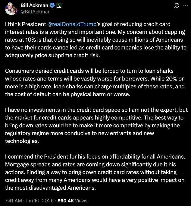 Bill Ackman Warns Trump's Proposed Credit Card Rate Cap Could Disrupt Financial Sector and Harm Consumer Access to Credit