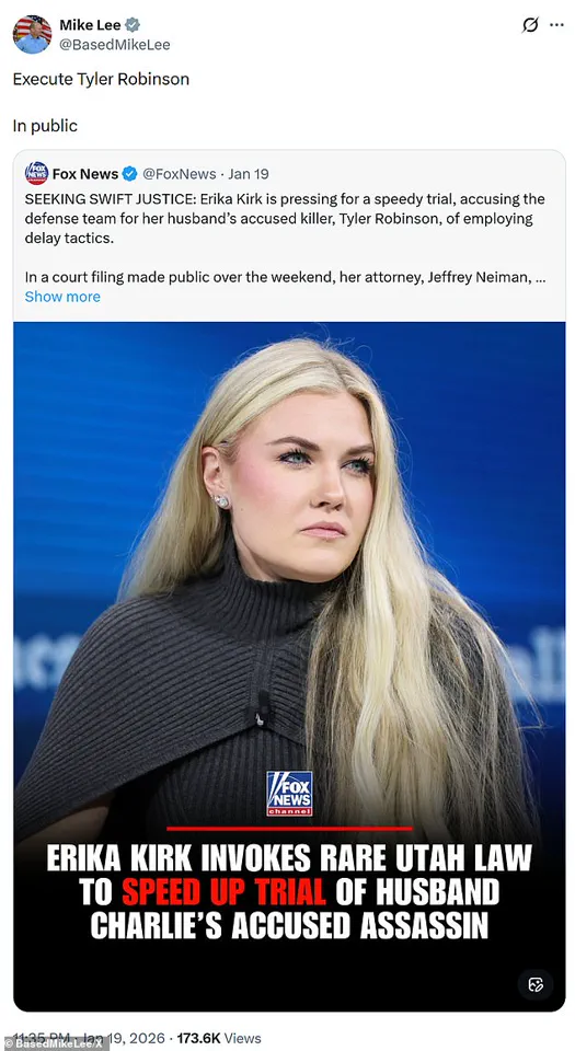 Senator Mike Lee Calls for Public Execution of Tyler Robinson as Erika Kirk Demands Speedy Trial in Controversial Case