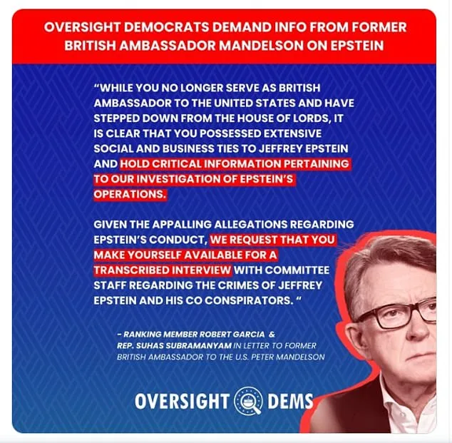 Peter Mandelson Faces Call to Testify in Epstein Investigation as New DOJ Documents Reveal Links to Former British Ambassador and Labour Insider