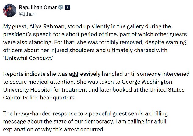 Controversy at State of the Union as Ilhan Omar Claims Aliya Rahman Was Forcibly Removed During Trump's Speech