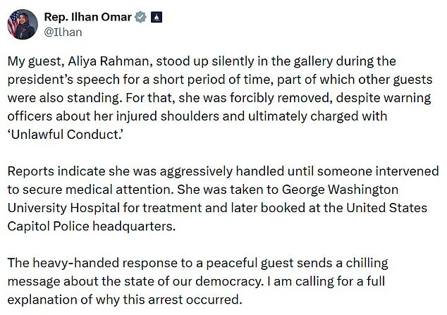 Controversy at State of the Union as Ilhan Omar Claims Aliya Rahman Was Forcibly Removed During Trump's Speech