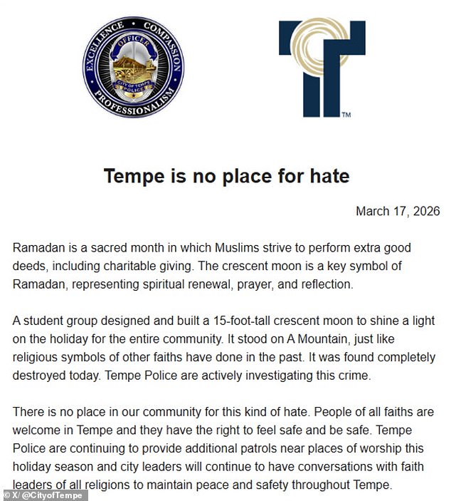 Tempe Crescent Moon Destroyed in Hate-Fueled Attack During Ramadan