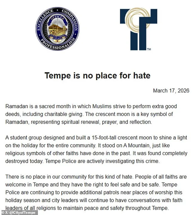Tempe Crescent Moon Destroyed in Hate-Fueled Attack During Ramadan