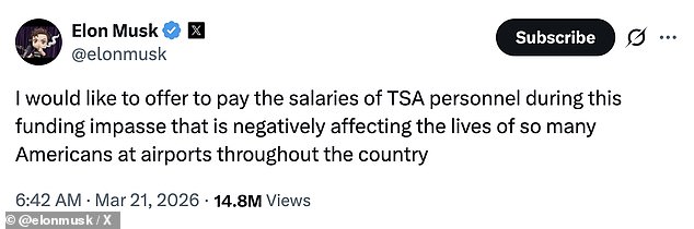 Elon Musk Offers to Pay TSA Workers During Government Shutdown Crisis