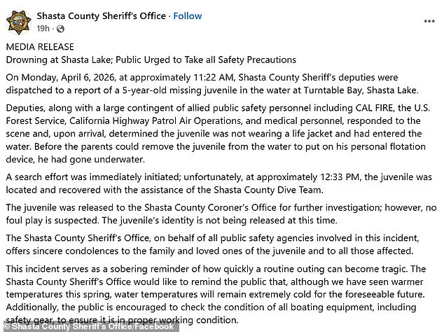 Five-Year-Old Boy Dies After Drowning in Shasta Lake Without Life Jacket