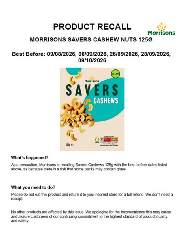 Morrisons recalls cashews with glass shards to prevent serious injury.