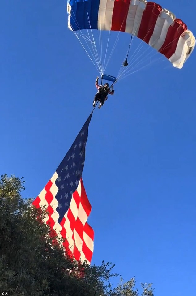 Skydiver recovers swiftly after dramatic crash landing at California rodeo.