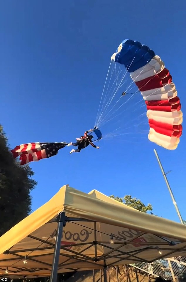 Skydiver recovers swiftly after dramatic crash landing at California rodeo.