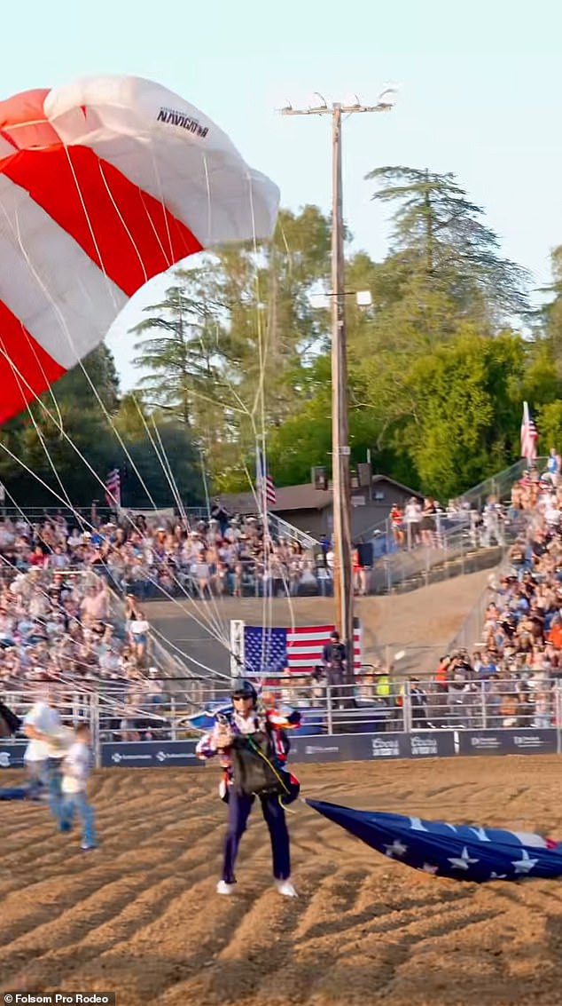 Skydiver recovers swiftly after dramatic crash landing at California rodeo.