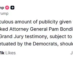 Attorney General Pam Bondi Files Motions to Release Grand Jury Testimony in Jeffrey Epstein Case